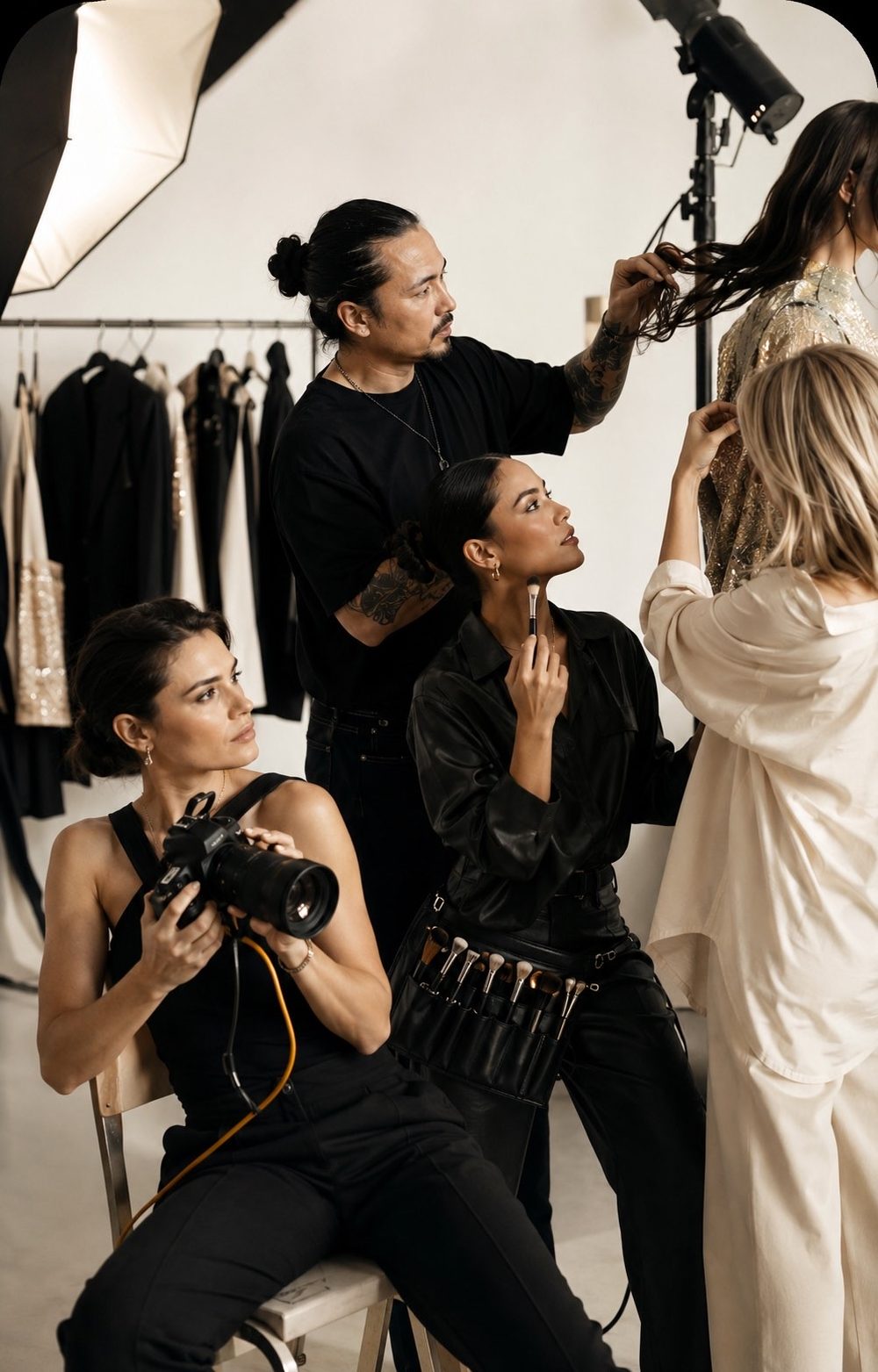 A photographer, a hair stylist and a make-up artist working with models on set