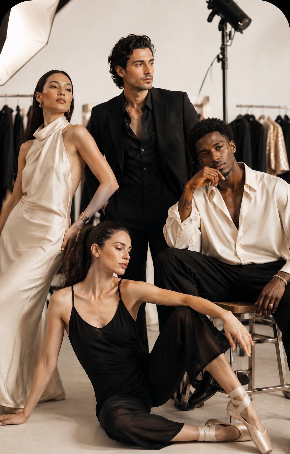 Four models between takes in a studio
